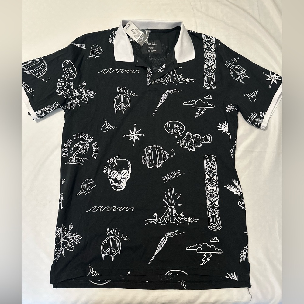 Rue21 Black and White Doodle Polo Shirt